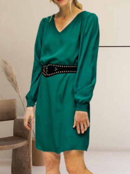 

V Neck Regular Fit Party plain long sleeve Long sleeve women Dress, Green, Dresses