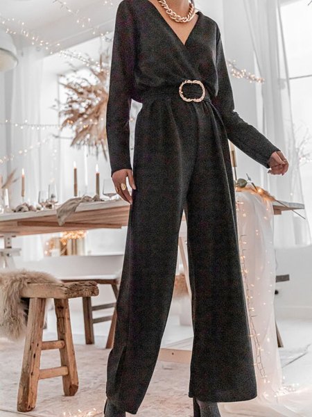 

casual plain Simple v neck long sleeve Jumpsuit & Romper, Black, Jumpsuits＆Rompers