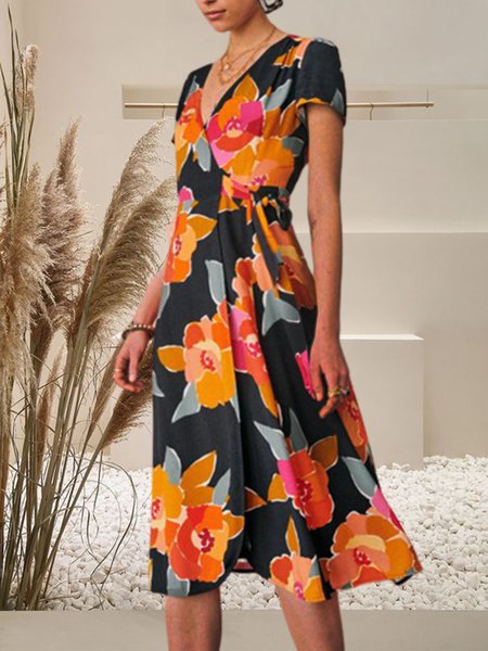 

Regular Fit Vacation floral short sleeve V Neck women Dresses, Multicolor, Dresses