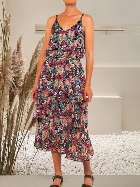 

Regular Fit Spaghetti Vacation floral sleeveless women Short sleeve Women Dress, Multicolor, Midi Dresses