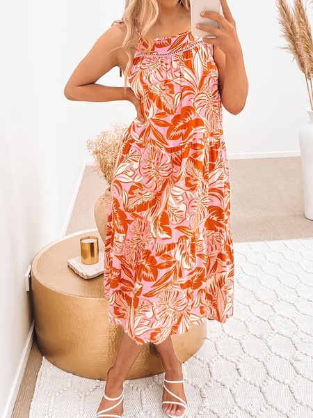 

Loosen Spaghetti Vacation floral sleeveless women Short sleeve women Dress, Orange, Dresses