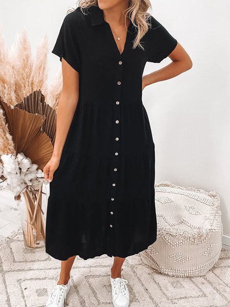 

Shirt Collar Casual Plain regular fit short sleeve women Dresses, Black, Dresses