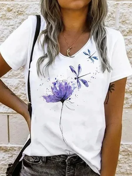 

Crew Neck Casual Floral Dragonfly Cotton Blends Shirt & Top, White, Tees & T-shirts