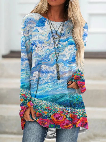 

Floral Casual Crew Neck Raglan Sleeve Cotton Blends Long sleeve tops, Blue, Long sleeve tops