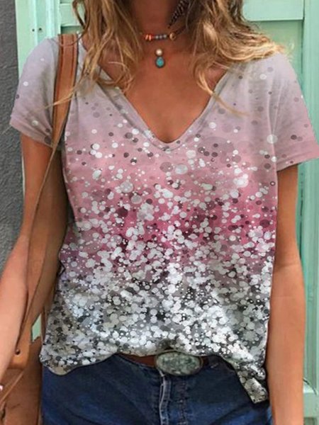 

Abstract Polka Dots Ombre Printed Casual Loosen V Neck Cotton Blends Shirts & Tops, Flower, T-Shirts