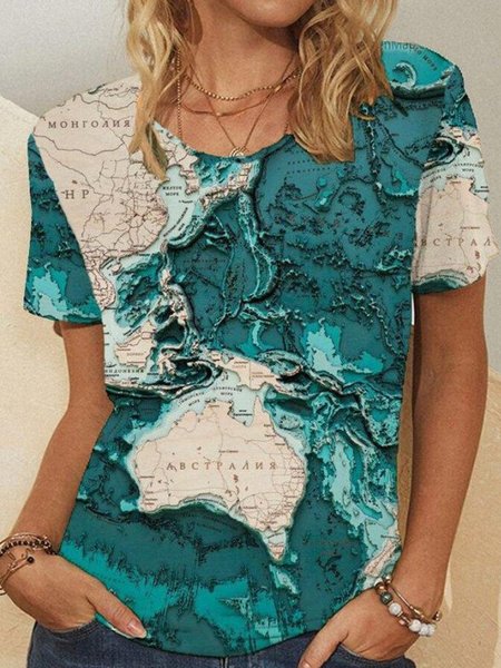 

Map Printed Casual Loosen Crew Neck Short Sleeve T-Shirt, Flower, T-Shirts