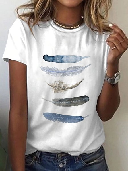 

Feather Short Sleeve Crew Neck Plus Size Casual Tops, White, T-Shirts