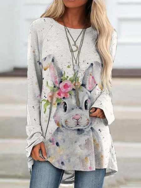 

casual loosen Animal Crew Neck long sleeve Long Sleeve T-shirt, Light gray, Tunics