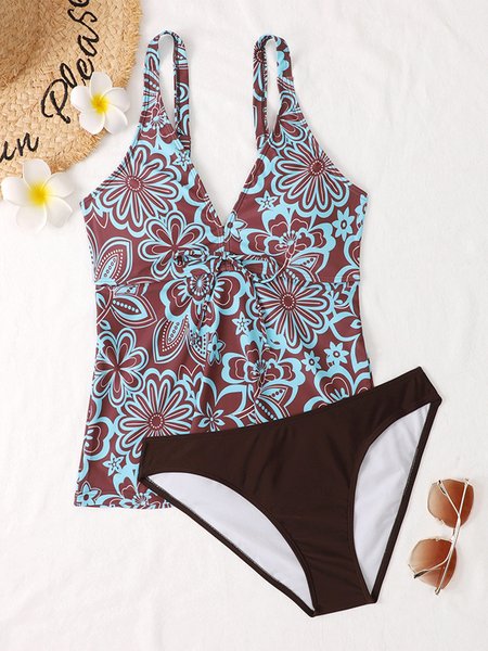 

Deep V Sexy Floral Print Split Tankini Swimsuit Plus Size, Blue, Swimwear