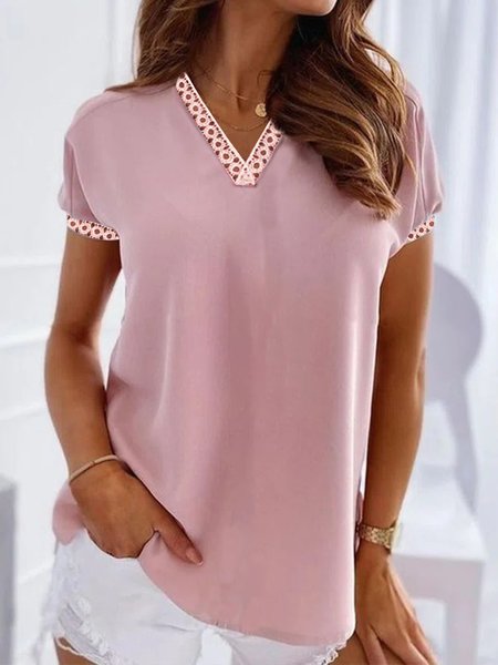 

casual Lace-Paneled Plain lace v neck women Shirts & Tops, Pink, T-Shirts