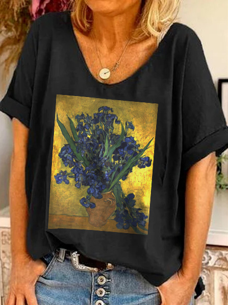 

V Neck Casual Floral (Vincent Van Gogh) Short Sleeve T-shirt, Black, T-Shirts