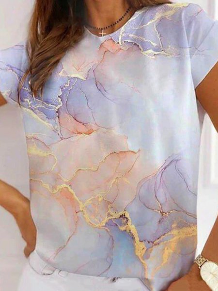Casual Short Sleeve Round Neck Plus Size Printed Tops T-shirts, Purple, T-Shirts