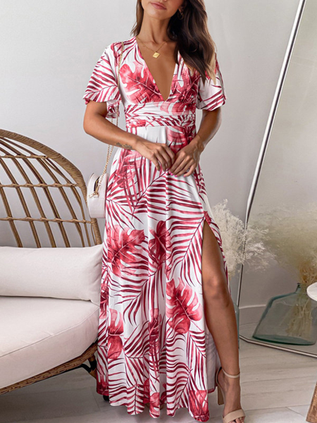 

Leaves Short sleeve V neck Maxi Short sleeve Knit Dress, Red, Maxi Dresses
