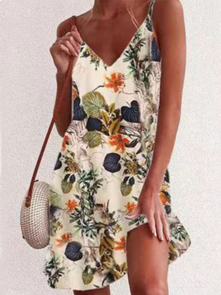 

Plants Cotton Blends Vacation Short sleeve Woven Dress, Khaki, Mini Dresses
