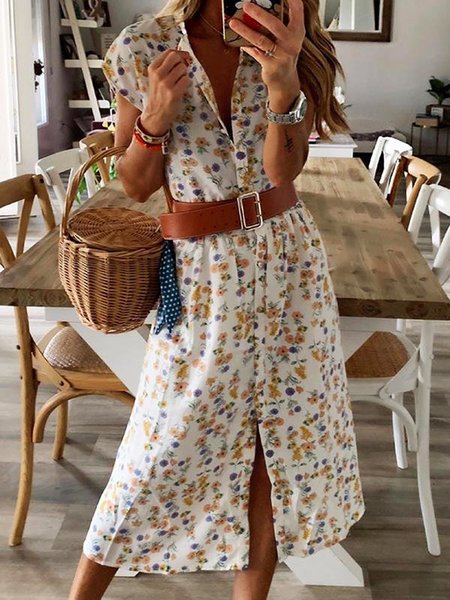 

Boho Holiday Floral Printed Buttoned A-line Loosen Maxi Dresses, Flower, Midi Dresses