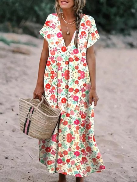 

Floral Boho V Neck Loosen A-line Short sleeve Woven Dress, Flower, Maxi Dresses