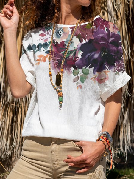 

Vacation Floral Loosen Round Neck short sleeve Short Sleeve T-shirt, Multicolor, Tees & T-shirts