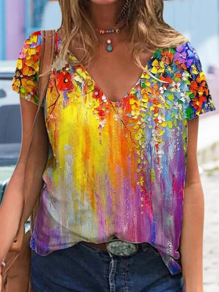 

Printed V Neck Holiday Casual Raglan Sleeve T-Shirts, Multicolor, T-Shirts
