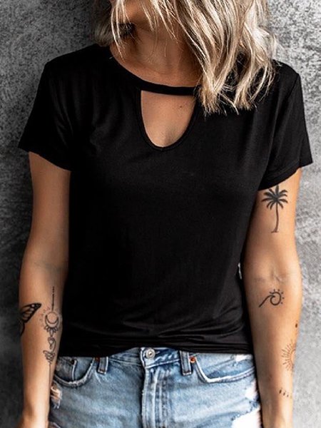

Solid Crew Neck Loosen Short Sleeve T-shirt, Black, T-Shirts