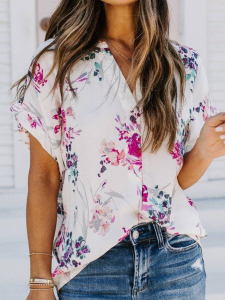 

Floral Casual V Neck Short sleeve tops, Multicolor, Tops