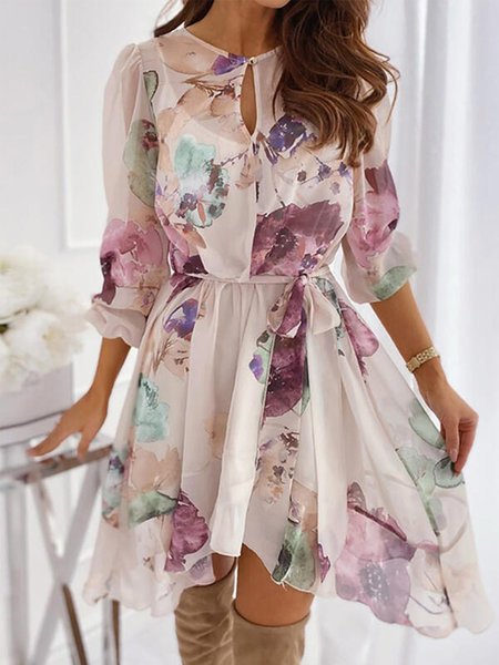 

Floral 3/4 Sleeve Keyhole Plus Size Casual Long sleeve Woven Dress, Multicolor, Mini Dresses