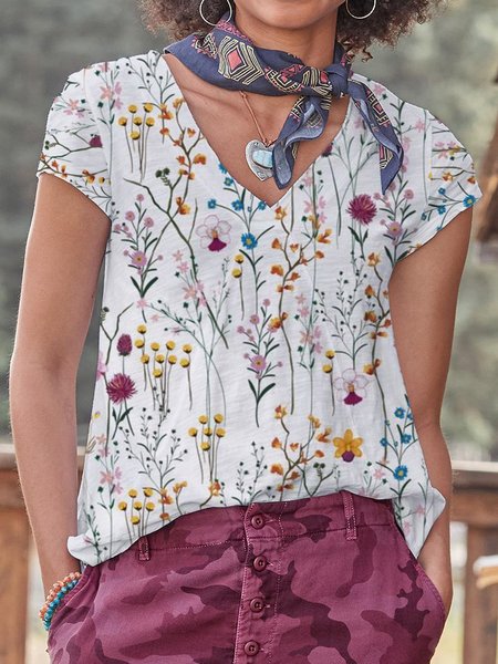 

Floral Printed Casual V Neck Shirts & Tops, White, T-Shirts