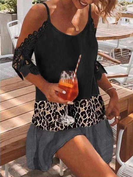 

V Neck Color Block Regular Fit Short Sleeve Knit Dress, Black, Mini Dresses