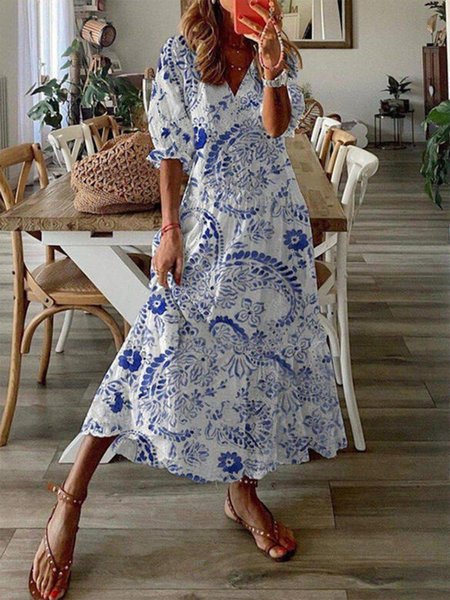 

Floral V Neck Half Sleeve Plus Size Casual Dresses, White-blue, Maxi Dresses