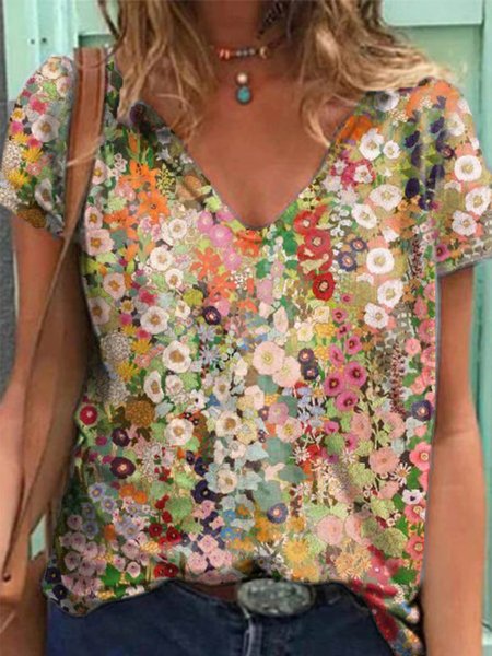 

Floral Romantic V Neck Loosen Short Sleeve T-Shirt, Flower, T-Shirts