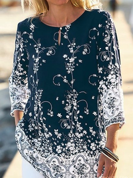 

Casual Three Quarter Round Neck Plus Size Printed Tops, Navy blue, Tops