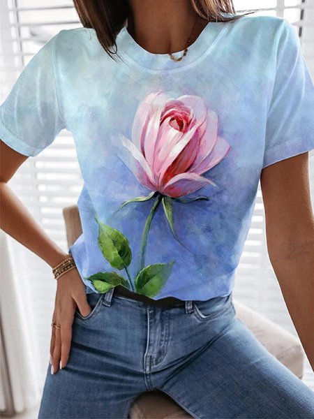 

Cotton Blends Floral Casual Short Sleeve T-shirt, Blue, T-Shirts