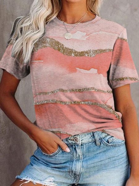 

Tie Dye Printed Casual Round Neck Short Sleeve T-Shirts, Pink, T-Shirts