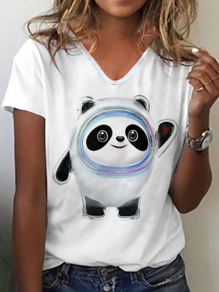 

Bing Dwen Dwen V Neck Loosen Casual Shirts & Tops, White, T-Shirts