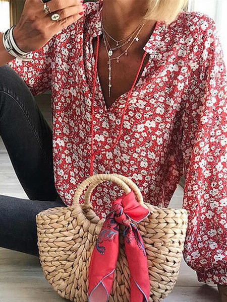 

Boho Floral V Neck Long sleeve Shirts & Tops, Red, Tops