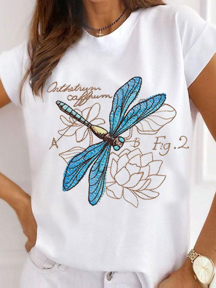 

Dragonfly Floral Letter Print Simple White T-Shirt Casual Short Sleeve T-shirt, T-Shirts