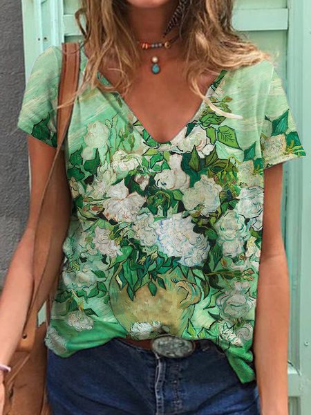 

Casual V Neck Floral (Vincent Van Gogh) Shirts & Tops, Green, T-Shirts