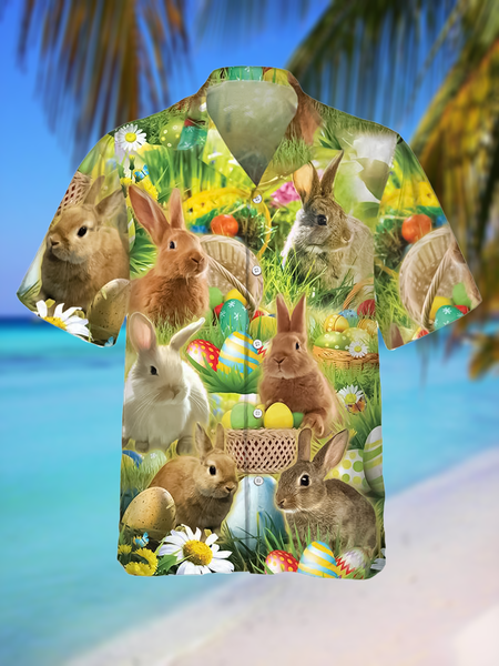 Casual Festive Collection Easter And Easter Egg Pattern Lapel Short Sleeve Print Shirt Top, As picture, Men's Floral shirt