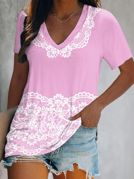 

Short sleeve V neck Printed Casual Short Sleeve T-shirt, Purple, T-Shirts