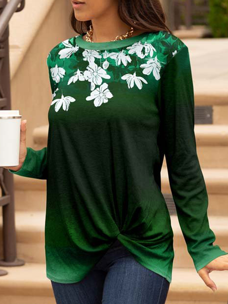 

Green & White Floral Lace-Up Twist Resort Top Vintage Floral Shirts & Tops, Long sleeve tops