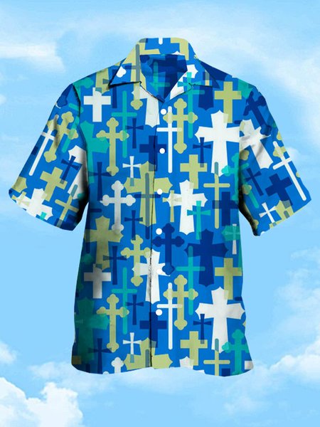 

Mens Easter Jesus Crucifix Print Casual Breathable Short Sleeve Hawaiian Shirts, Blue, Men's Floral shirt
