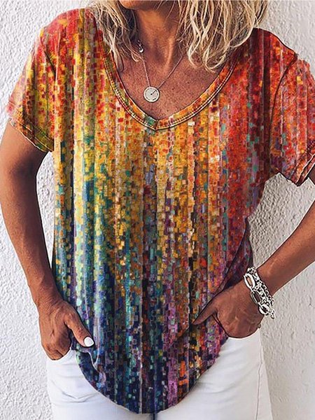 

Abstract Geometric Ombre Printed Casual V Neck Off Shoulder Loosen Shirts & Tops, Flower, T-Shirts
