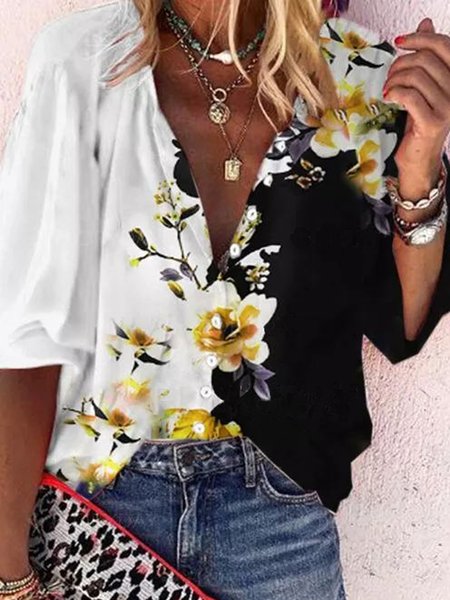 

Loosen Floral Shirt Collar Shirts & Tops, Yellow, Blouses & Shirts