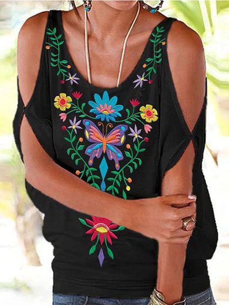 

Short sleeve Off The Shoulder Casual Floral Shirts & Tops, Black, T-Shirts