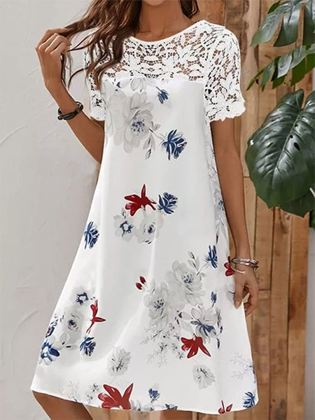 

Lace Short sleeve Crew Neck Floral Casual Dresses, White, Mini Dresses