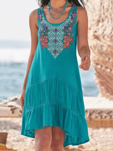 

Boho Floral Round Neck Sleeveless A-line Dress, Lake blue, Mini Dresses