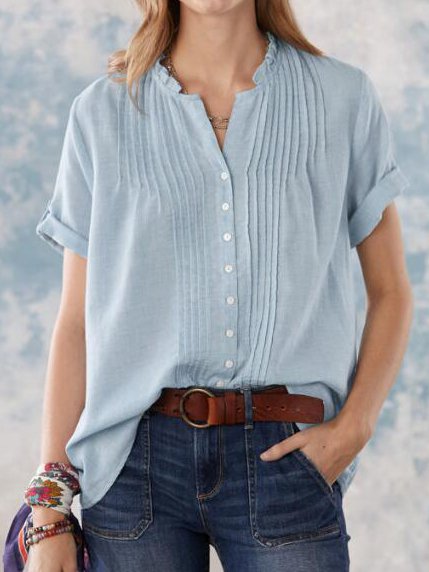 

V Neck Casual Cotton Shirts & Tops, Blue, T-Shirts