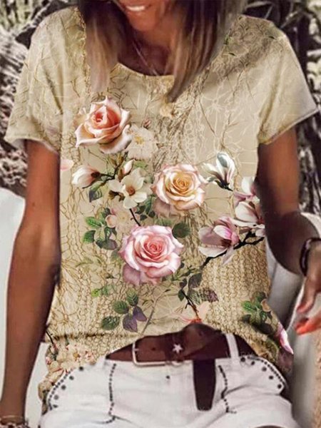 

Loosen Floral Shirts & Tops, Khaki, T-Shirts