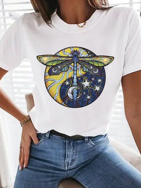 

Sun and moon abstract dragonfly pattern simple T-shirt Loosen Dragonfly Short Sleeve T-shirt, White, T-Shirts