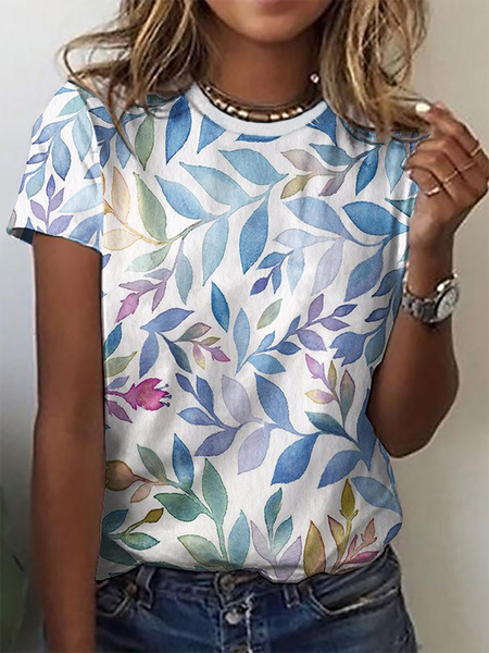 

Leaves Crew Neck Short sleeve Casual Shirts & Tops, White, T-Shirts