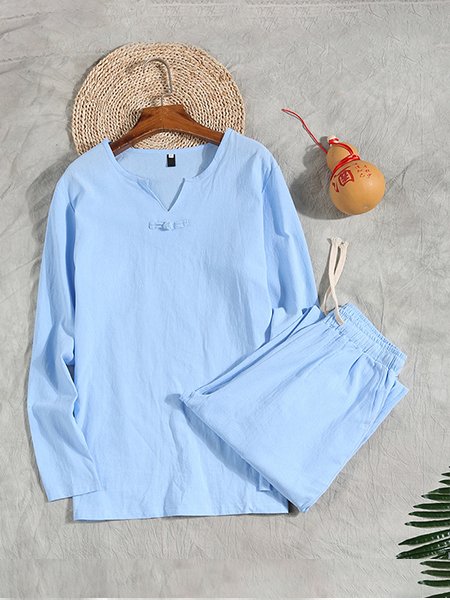 

Men's V-Neck Casual Loose Cotton Linen Long Sleeve Suit, Light blue, Men's sets